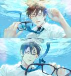  2boys ace_of_diamond air_bubble black_hair blue_eyes brown_eyes brown_hair bubble eyewear_removed furuya_satoru highres looking_at_another male_focus miyuki_kazuya multiple_boys necktie ocean school_uniform shirt short_hair smile submerged twoframe upper_body water white_shirt 