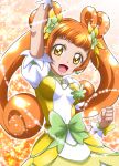  1girl :d arm_up bow breasts brown_hair choker clenched_hand clover_earrings cure_rosetta dokidoki!_precure dress floating_hair green_bow green_choker hair_bow hanzou highres layered_dress long_hair medium_breasts open_mouth precure shiny shiny_hair short_sleeves smile solo standing twintails very_long_hair white_sleeves yellow_dress yellow_eyes 