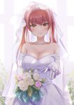  1girl absurdres bangs bare_shoulders bead_necklace beads blush bouquet breasts bridal_veil cleavage closed_mouth collarbone commentary_request crying crying_with_eyes_open dress elbow_gloves eyebrows_visible_through_hair flower gloves heterochromia highres holding holding_bouquet hololive houshou_marine jewelry large_breasts long_hair necklace ootsuka_you purple_flower red_eyes red_hair ring rose smile solo tears twintails veil virtual_youtuber wedding_dress white_dress white_flower white_gloves white_rose yellow_eyes 