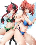  2girls :d animal_ears bangs bikini blue_bikini blunt_bangs bow braid breasts cat_ears cat_tail cleavage clenched_hand extra_ears eyebrows_visible_through_hair green_bikini green_bow hair_bobbles hair_bow hair_ornament jyaoh0731 kaenbyou_rin large_breasts long_hair looking_at_viewer medium_breasts multiple_girls multiple_tails navel nekomata onozuka_komachi open_mouth pointy_ears red_eyes red_hair side_braids smile standing swimsuit tail thighs touhou twin_braids two_side_up two_tails 