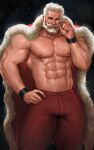  1boy abs bara beard bulge cape christmas facial_hair feet_out_of_frame fur-trimmed_cape fur_trim glasses highres jang_ju_hyeon large_pectorals male_focus mature_male muscular muscular_male mustache navel nipples old old_man original pants pectorals red_pants rimless_eyewear round_eyewear santa_costume shirtless short_hair solo stomach thick_eyebrows thick_thighs thighs white_hair 