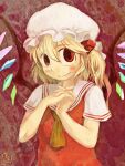  1girl ascot bangs blonde_hair blush closed_mouth commentary_request crystal dated eyebrows_visible_through_hair flandre_scarlet hair_between_eyes hair_ribbon hat looking_at_viewer medium_hair mob_cap one_side_up own_hands_together red_background red_eyes red_ribbon red_vest ribbon shirt short_sleeves signature smile solo touhou upper_body vest white_shirt yellow_neckwear yukiman 