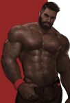  1boy abs bara beard brwn_pants bulge check_copyright chest_tattoo clothes_pull copyright_request cowboy_shot dark-skinned_male dark_skin facial_hair highres jang_ju_hyeon large_pectorals looking_at_viewer male_focus mature_male muscular muscular_male mustache navel navel_hair nipples original pants pants_pull pectorals pubic_hair pubic_hair_peek pulled_by_self shirtless short_hair solo stomach tattoo thick_eyebrows very_dark_skin 