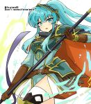  1girl aqua_eyes aqua_hair armor bangs belt breastplate brown_gloves cape cosplay eirika_(fire_emblem) ephraim_(fire_emblem) ephraim_(fire_emblem)_(cosplay) eyebrows_visible_through_hair fire_emblem fire_emblem:_the_sacred_stones fire_emblem_heroes gloves holding holding_lance holding_polearm holding_weapon lance long_hair looking_at_viewer official_alternate_costume polearm ponytail shoulder_armor sidelocks skirt solo thighhighs twitter_username very_long_hair weapon white_background yukia_(firstaid0) 