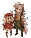  1boy 1girl ahoge animal_ears bangs blonde_hair blush boots brown_footwear brown_gloves closed_mouth clover dress feathers four-leaf_clover genshin_impact gloves green_pants grey_hair hair_between_eyes hat hat_feather holding_hands hood hood_up iwashi_(iwashi008) klee_(genshin_impact) long_hair long_sleeves low_twintails open_mouth orange_gloves pants purple_eyes razor_(genshin_impact) red_dress red_eyes red_headwear scar scar_on_face short_sleeves simple_background tail twintails upper_teeth white_background 