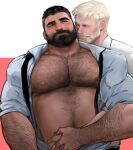  2boys arm_hair assisted_exposure bara bare_pectorals beard belly black_hair blonde_hair blush chest_hair couple facial_hair highres holding_hands jang_ju_hyeon large_pectorals male_focus mature_male multiple_boys muscular muscular_male mustache navel navel_hair necktie necktie_removed nipples old old_man open_clothes open_shirt original pectorals plump short_hair stomach thick_eyebrows undressing_another yaoi 