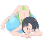  1girl ass ball bikini black_hair brown_eyes bubukka commentary_request exercise_ball green_bikini hair_bobbles hair_ornament looking_back lying on_stomach original short_hair side-tie_bikini simple_background solo swimsuit trembling twintails white_background 