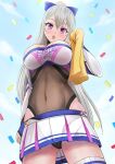  1girl :o ass_visible_through_thighs azur_lane bangs blue_legwear blue_sky blush bow breasts casablanca_(azur_lane) casablanca_(cheer_squad_on_break)_(azur_lane) cheerleader cleavage clothing_cutout cloud commentary_request confetti covered_navel cowboy_shot crop_top day drying eyebrows_visible_through_hair from_below grey_leotard groin hair_between_eyes hair_bow hand_up highres holding holding_towel large_breasts leotard leotard_under_clothes long_hair long_sleeves looking_at_viewer miniskirt open_mouth pleated_skirt purple_eyes ribbed_legwear sai-go shirt sidelocks silver_hair skindentation skirt sky solo standing sweat thighhighs towel two-tone_skirt wet wet_clothes wet_shirt white_shirt white_skirt zettai_ryouiki 