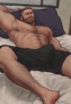  1boy abs arm_hair arm_up armpits bara beard black_shorts bulge chest_hair erection erection_under_clothes facial_hair foot_out_of_frame highres jang_ju_hyeon large_pectorals leg_hair looking_at_viewer lying male_focus mature_male muscular muscular_male mustache navel navel_hair nipples on_back on_bed original pectorals presenting_armpit reward_available shirtless short_hair shorts solo stomach thick_eyebrows undercut 