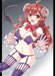  1girl against_fourth_wall ahoge bare_shoulders blue_sleeves blush bow breasts brown_eyes brown_hair cleavage curled_horns demon_girl demon_horns demon_tail detached_sleeves fang frilled_sleeves frills fuyuki8208 garter_straps groin highres horns long_hair long_sleeves looking_at_viewer machikado_mazoku medium_breasts navel open_mouth pillarboxed purple_legwear red_bow revealing_clothes solo sweat tail tail_raised tears thighhighs very_long_hair yoshida_yuuko_(machikado_mazoku) 