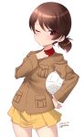  1girl artist_name blush brown_eyes brown_hair chi-hatan_military_uniform closed_mouth dated eyebrows_visible_through_hair girls_und_panzer hand_on_hip highres kawanishi_shinobu kuzuryuu_kennosuke looking_at_viewer military military_uniform miniskirt one_eye_closed pleated_skirt ponytail shiny shiny_hair short_hair simple_background skirt solo standing uniform volleyball white_background yellow_skirt 