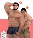  2boys 2girls abs arm_grab armpit_hair armpits bara bare_pectorals beard blue_male_swimwear blush bulge chest_hair couple embarrassed emoji facial_hair feet_out_of_frame green_male_swimwear hand_on_own_head head_on_another&#039;s_shoulder highres jang_ju_hyeon large_pectorals locked_arms male_swimwear mature_male multiple_boys multiple_girls muscular muscular_male mustache navel navel_hair nipples original pectorals short_hair sideburns size_difference stomach stubble swim_trunks thick_eyebrows thick_thighs thighs yaoi 