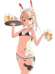  1girl absurdres alcohol alternate_costume ayanami_(azur_lane) bag bangs beer beer_mug belt bikini black_bikini bowl breasts carrying cleavage collarbone commentary_request cup dual_wielding enmaided eyebrows_visible_through_hair groin hair_between_eyes hair_ornament hairclip headgear highres holding holding_cup long_hair looking_at_viewer maid maid_bikini maid_headdress micro_bikini midriff mug navel orange_eyes parted_lips ponytail retrofit_(azur_lane) sidelocks silver_hair simple_background solo spaghetti_strap swimsuit tattoo thigh_strap translated tray xdp_(dx19291005) 
