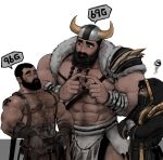  1other 2boys abs ambiguous_gender anger_vein arm_hair armor bara bare_pectorals bare_shoulders beard buzz_cut chest_hair chest_harness embarrassed facial_hair fake_horns feet_out_of_frame fidgeting gameplay_mechanics giant giant_male hairy harness highres horned_headwear horns index_fingers_together jang_ju_hyeon large_pectorals looking_at_another mature_male mouth_veil multiple_boys muscular muscular_male mustache navel navel_hair nipples original overalls parody pauldrons pectorals pelvic_curtain short_hair shoulder_armor shoulder_tattoo single_bare_shoulder size_difference stomach suspenders sweat tattoo thick_eyebrows very_short_hair yaoi 
