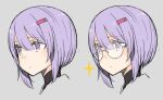  1girl a.i._voice ayakura_juu bespectacled commentary expressionless glasses grey_background hair_ornament hairclip head_only multiple_views purple_eyes purple_hair short_hair sidelocks sparkle vocaloid voiceroid yuzuki_yukari yuzuki_yukari_(shizuku) 