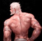  1boy arm_hair back bandages bandaid bara beard blind chest_hair facial_hair from_behind jang_ju_hyeon male_focus mature_male muscular muscular_male mustache naked_bandage old old_man overwatch reinhardt_(overwatch) scar scar_across_eye scar_on_back short_hair sky solo star_(sky) starry_background starry_sky thick_eyebrows upper_body white_hair wrinkled_skin 