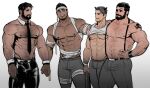  4boys abs arm_hair bandages bara bare_pectorals beard black_pants bulge chest_hair couple dark-skinned_male dark_skin demon_horns detached_collar eyepatch facial_hair halloween halloween_costume hand_on_another&#039;s_shoulder holding_hands horns jang_ju_hyeon large_pectorals latex male_focus mature_male multiple_boys muscular muscular_male mustache navel navel_hair necktie_between_pecs nipples original pants pectorals shirtless short_hair sideburns smile stomach stubble suspenders tank_top thick_eyebrows thick_thighs thighs white_tank_top wrist_cuffs yaoi 