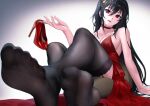  1girl azur_lane bangs black_hair black_legwear breasts choker cleavage commentary deca_purio dress eyebrows_visible_through_hair feet foot_focus foreshortening hair_between_eyes hair_ornament high_heels holding holding_shoes large_breasts long_hair looking_at_viewer no_shoes official_alternate_costume parted_lips red_choker red_dress red_eyes red_footwear shoes shoes_removed sitting sleeveless sleeveless_dress solo taihou_(azur_lane) taihou_(forbidden_feast)_(azur_lane) thighhighs very_long_hair 
