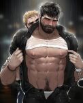  2boys abs assisted_exposure bara bare_pectorals beard behind_another black_hair black_pants blush cuffs eyebrow_cut facial_hair handcuffs highres jang_ju_hyeon large_pectorals male_focus male_pubic_hair male_underwear male_underwear_peek mature_male multiple_boys muscular muscular_male mustache navel navel_hair night nipples open_clothes open_fly open_pants open_shirt original pants pectorals penis police police_uniform policewoman pubic_hair pubic_hair_peek rain see-through shirt short_hair sideburns stomach thick_eyebrows underwear undressing_another uniform upper_body wet wet_clothes wet_hair wet_shirt white_male_underwear yaoi 