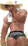  1boy abs absurdres arm_hair bara beard blush boxer_briefs brown_hair bulge chest_hair condom condom_in_mouth condom_wrapper erection erection_under_clothes facial_hair feet_out_of_frame grey_male_underwear hand_on_own_neck hat highres jang_ju_hyeon large_pectorals looking_at_viewer male_focus male_underwear mature_male mouth_hold muscular muscular_male mustache navel nipples original pectorals reward_available seductive_smile short_hair sideburns smile solo stomach straw_hat stubble sunlight sweat thick_eyebrows thick_thighs thighs towel towel_around_neck underwear underwear_only 