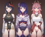  3girls absurdres bangs bare_shoulders black_hair blush breasts bridal_gauntlets cleavage closed_mouth clothes_lift commentary_request crossed detached_sleeves eyebrows_visible_through_hair female_pubic_hair flower genshin_impact hair_between_eyes hair_ornament highres hyunjjing japanese_clothes kimono kujou_sara large_breasts lifted_by_self long_hair long_sleeves looking_at_viewer mask mask_on_head miko mitsudomoe_(shape) mole mole_under_eye multiple_girls navel obi obiage obijime pink_hair pubic_hair purple_eyes purple_flower purple_hair pussy raiden_shogun ribbon sash shiny shiny_skin short_hair simple_background smile tassel tengu_mask thighhighs tomoe_(symbol) wide_sleeves yae_(genshin_impact) yellow_eyes 