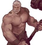  1boy abs alternate_costume bara beard blind facial_hair feet_out_of_frame fighting_stance hair_slicked_back hammer highres holding holding_hammer huge_weapon jang_ju_hyeon large_pectorals male_focus mature_male muscular muscular_male mustache navel nipples old old_man overwatch pectorals reinhardt_(overwatch) scar scar_across_eye scar_on_chest shirtless short_hair solo stomach thick_eyebrows weapon white_background white_hair wrinkled_skin 
