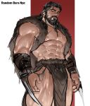  1boy abs arm_hair bara bare_pectorals beard bulge chest_hair facial_hair feet_out_of_frame from_below fur_(clothing) highres jang_ju_hyeon large_pectorals looking_at_viewer male_focus mature_male muscular muscular_male mustache navel nipples original pectorals pelvic_curtain revealing_clothes short_hair solo stomach sweat thick_eyebrows thick_thighs thighs tooth_necklace unfinished veins 