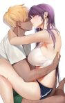  1boy 1girl blonde_hair blush breasts closed_eyes commentary_request couple damda dark-skinned_male dark_skin eyebrows_visible_through_hair faceless faceless_male fate/grand_order fate_(series) french_kiss hetero kiss large_breasts long_hair purple_hair scathach_(fate) scathach_(fate)_(all) short_hair simple_background sitting sitting_on_lap sitting_on_person straddling sweat tongue tongue_out upright_straddle white_background 