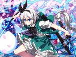  1girl bloomers blue_eyes cherry_blossoms dual_wielding eyebrows_visible_through_hair green_skirt green_vest hair_between_eyes hairband highres holding holding_weapon katana konpaku_youmu konpaku_youmu_(ghost) light_blush looking_to_the_side petals puffy_short_sleeves puffy_sleeves sazanami_mio sheath shirt short_sleeves silver_hair skirt solo sword touhou tree underwear v-shaped_eyebrows vest weapon white_shirt 