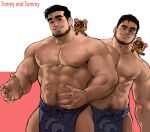  2boys abs animal_crossing bara bare_pectorals beard blush creature facial_hair highres jang_ju_hyeon large_pectorals looking_at_viewer male_focus mature_male multiple_boys muscular muscular_male mustache navel navel_hair nipples on_shoulder one_eye_closed pectorals pelvic_curtain personification revealing_clothes short_hair sideburns smile stomach thick_eyebrows thick_thighs thighs timmy_(animal_crossing) tommy_(animal_crossing) 