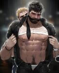  2boys abs assisted_exposure bara bare_pectorals beard behind_another black_hair black_pants blush cuffs eyebrow_cut facial_hair handcuffs highres jang_ju_hyeon large_pectorals male_focus male_pubic_hair male_underwear male_underwear_peek mature_male multiple_boys muscular muscular_male mustache navel navel_hair necktie necktie_removed night nipples open_clothes open_fly open_pants open_shirt original pants pectorals penis police police_uniform policewoman pubic_hair pubic_hair_peek rain see-through shirt short_hair sideburns stomach thick_eyebrows underwear undressing_another uniform upper_body wet wet_clothes wet_hair wet_shirt white_male_underwear yaoi 