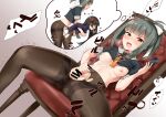  2girls bangs bar_censor bent_over black_legwear blush breast_grab breasts brown_eyes cellphone censored chair clothed_masturbation clothed_sex cum ejaculation female_admiral_(kancolle) flower futa_with_female futanari grabbing green_hair hair_flower hair_ornament heart highres holding holding_phone imagining kantai_collection long_hair masturbation medium_breasts minase_(takaoka_nanase) multiple_girls nipples open_mouth overflow pantyhose penis phone projectile_cum sex sex_from_behind short_sleeves sitting smartphone spread_legs torn_clothes torn_legwear yuubari_(kancolle) 