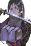  1girl absurdres armor bangs black_gloves bodysuit breasts elbow_gloves fate/grand_order fate_(series) fingerless_gloves gloves highres japanese_armor katana kote large_breasts long_hair looking_at_viewer minamoto_no_raikou_(fate) parted_bangs purple_bodysuit purple_eyes purple_hair ribbed_sleeves shiro_saki solo sword tabard tassel very_long_hair weapon 