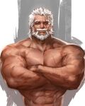  1boy abs bara beard blind crossed_arms facial_hair hair_slicked_back highres jang_ju_hyeon large_pectorals looking_at_viewer male_focus mature_male muscular muscular_male mustache navel nude old old_man overwatch pectorals reinhardt_(overwatch) scar scar_across_eye scar_on_arm short_hair smile solo stomach thick_eyebrows upper_body veins white_hair wrinkled_skin 