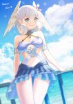  1girl beach blue_eyes braid breasts crown_braid curly_hair head_wings hey_cre highres long_hair looking_at_viewer medium_breasts melia_antiqua navel silver_hair simple_background skirt smile solo swimsuit xenoblade_chronicles xenoblade_chronicles_(series) 