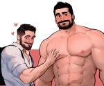 2boys abs bara beard blush facial_hair grabbing groping heart highres jang_ju_hyeon large_pectorals male_focus mature_male meme multiple_boys muscular muscular_male mustache nipples nude original parody pectoral_grab pectoral_grab_(meme) pectorals shirt short_hair size_difference stomach thick_eyebrows upper_body white_shirt yaoi 