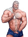  1boy abs alternate_costume arm_hair bara beard blind blue_male_underwear boxers bulge chest_hair facial_hair hairy hand_under_clothes holding holding_clothes holding_shirt jang_ju_hyeon large_pectorals male_focus male_underwear mature_male muscular muscular_male mustache navel navel_hair nipples old old_man overwatch pectorals reinhardt_(overwatch) scar scar_across_eye shirt shirt_removed short_hair solo stomach thick_eyebrows underwear underwear_only white_hair wrinkled_skin 