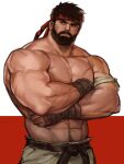  1boy abs alternate_facial_hair arm_hair bara beard chest_hair cowboy_shot crossed_arms dougi facial_hair headband highres jang_ju_hyeon large_pectorals male_focus mature_male muscular muscular_male mustache navel navel_hair original pants pectorals ryu_(street_fighter) shirtless short_hair solo stomach street_fighter thick_eyebrows white_pants 