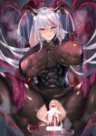  absurdly_long_hair absurdres aegir_(azur_lane) arms_up azur_lane bar_censor black_panties blush bodystocking breast_curtains breast_grab breasts censored clothing_aside comichipota covered_nipples cross-laced_clothes cum cum_in_pussy demon_horns female_pubic_hair grabbing highres horns huge_breasts iron_cross long_hair multicolored_hair overflow panties panties_aside pubic_hair red_hair restrained silver_hair streaked_hair tentacle_sex tentacles thigh_grab torn_bodystocking torn_clothes underbust underwear vaginal very_long_hair yellow_eyes 