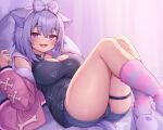  1girl :d absurdres animal_ears black_shirt breasts cat_ears cat_girl cat_tail cleavage cosplay deaver eyebrows_visible_through_hair fang hairband highres hololive inugami_korone inugami_korone_(cosplay) jacket large_breasts legs long_sleeves looking_at_viewer lying nekomata_okayu on_back open_mouth pink_jacket purple_eyes purple_hair purple_hairband shirt short_hair smile socks solo tail thighs virtual_youtuber 
