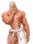  1boy abs arm_hair bara bare_pectorals beard blind chest_hair facial_hair feet_out_of_frame hair_slicked_back hand_on_own_chin highres jang_ju_hyeon large_pectorals leg_hair looking_at_viewer male_focus mature_male muscular muscular_male mustache naked_towel navel navel_hair nipples old old_man overwatch pectorals reinhardt_(overwatch) scar scar_across_eye seductive_smile short_hair smile solo stomach thick_eyebrows thick_thighs thighs towel white_hair wrinkled_skin 