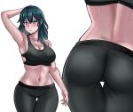  1girl absurdres alternate_costume arm_over_head arm_up armpits ass ass_visible_through_thighs back bangs bare_shoulders black_pants black_sports_bra blue_eyes blue_hair blush breasts byleth_(fire_emblem) byleth_(fire_emblem)_(female) cleavage collarbone commentary cowboy_shot drie eyebrows_visible_through_hair fire_emblem fire_emblem:_three_houses hair_between_eyes highres large_breasts long_hair looking_at_viewer midriff multiple_views navel pants parted_lips sidelocks simple_background sports_bra standing sweat taut_clothes thigh_gap tight tight_pants toned white_background 