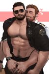  2boys abs arm_hair bara bare_pectorals beard black_hair black_jacket black_pants blush chest_hair couple crotch_grab facial_hair grey-framed_eyewear hand_on_another&#039;s_crotch highres hug hug_from_behind jacket jang_ju_hyeon large_pectorals male_focus mature_male multiple_boys muscular muscular_male mustache navel navel_hair nipples open_clothes open_jacket original pants pectorals police police_uniform policeman pubic_hair pubic_hair_peek short_hair sleeves_rolled_up smile stomach sunglasses sweat thick_eyebrows uniform yaoi 