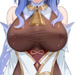  1girl absurdres bare_shoulders bell blue_hair breast_focus breasts commentary_request covered_nipples daidai_(318706698) detached_sleeves ganyu_(genshin_impact) genshin_impact gold_trim head_out_of_frame highres lactation lactation_through_clothes large_breasts neck_bell sidelocks solo white_background white_sleeves 