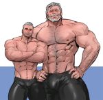  2boys abs arm_hair bara beard blind bulge chest_hair facial_hair giant giant_male hair_slicked_back hands_on_hips highres jang_ju_hyeon large_pectorals latex_pants looking_at_viewer male_focus mature_male multiple_boys muscular muscular_male mustache navel navel_hair nipples old old_man overwatch pectorals reinhardt_(overwatch) scar scar_across_eye shirtless short_hair size_difference soldier:_76_(overwatch) standing stomach thick_eyebrows thick_thighs thighs veins white_hair wrinkled_skin 