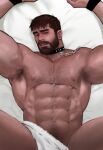  1boy abs animal_collar arm_hair armpit_hair armpits arms_up bara bare_pectorals beard bed_sheet blush bound bound_arms chest_hair collar convenient_censoring facial_hair feet_out_of_frame from_above highres jang_ju_hyeon large_pectorals lying male_focus male_pubic_hair mature_male muscular muscular_male mustache naked_sheet navel navel_hair nipples on_back on_bed original pectorals pet_play pubic_hair reward_available short_hair solo spread_legs stomach thick_eyebrows thick_thighs thighs 
