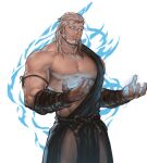  1boy abs arm_hair bara bare_pectorals beard blonde_hair blue_eyes blue_fire check_copyright chest_hair copyright_request facial_hair feet_out_of_frame fire glowing glowing_eyes hadanugi_dousa highres jang_ju_hyeon large_pectorals male_focus mature_male medium_hair muscular muscular_male mustache nipples original pectorals pelvic_curtain single_bare_shoulder solo stomach thick_eyebrows 