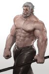  1boy abs arm_hair bara beard blind bulge chest_hair facial_hair feet_out_of_frame hair_slicked_back highres holding holding_polearm holding_weapon jang_ju_hyeon large_pectorals latex_pants looking_to_the_side male_focus mature_male muscular muscular_male mustache navel navel_hair nipples old old_man overwatch pectorals polearm reinhardt_(overwatch) scar scar_across_eye scar_on_arm scar_on_chest shirtless short_hair solo stomach thick_eyebrows thick_thighs thighs walking weapon white_hair wrinkled_skin 