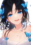  1girl :d bangs bare_shoulders black_hair blue_butterfly blue_eyes blush breasts bug butterfly butterfly_hair_ornament cleavage collarbone earrings hair_ornament highres jewelry long_hair medium_breasts necklace open_mouth original panprika parted_bangs short_sleeves smile solo 