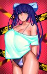  1girl :o alternate_costume bikini blue_hair bow breasts caution_tape cleavage curvy eyebrows eyebrows_visible_through_hair hair_bow highres kevbot large_breasts off-shoulder_shirt off_shoulder panty_&amp;_stocking_with_garterbelt pink_hair shirt sign solo stocking_(psg) striped striped_bikini swimsuit thick_thighs thighs warning_sign 
